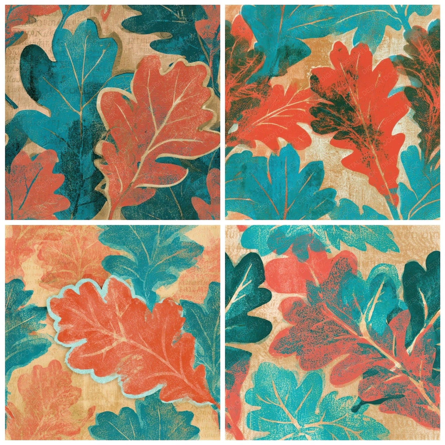 Woodblock Oak Leaves Coral Turquoise Seamless Digital Paper Pack (DDD013275)