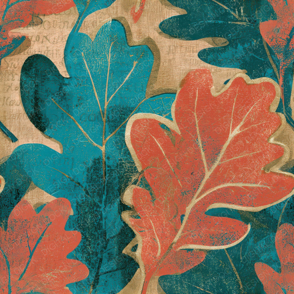 Woodblock Oak Leaves Coral Turquoise Seamless Digital Paper Pack (DDD013275)