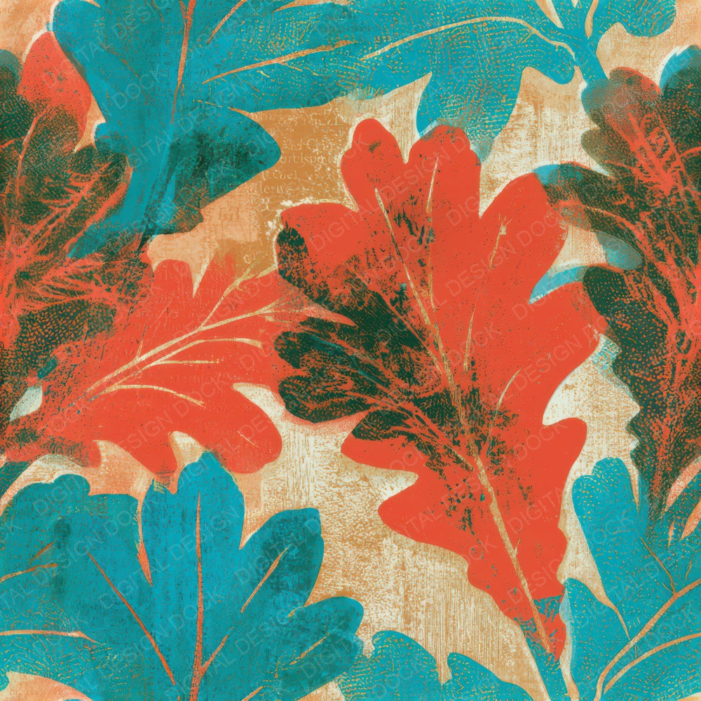 Woodblock Oak Leaves Coral Turquoise Seamless Digital Paper Pack (DDD013275)