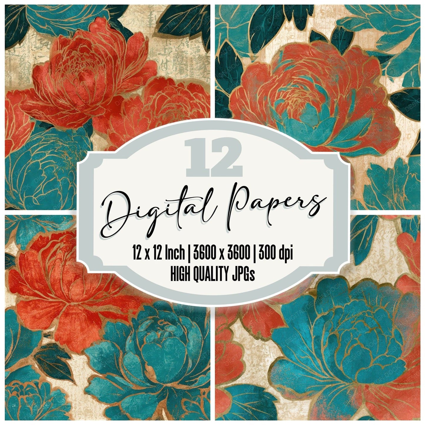 Woodblock Peony Coral Turquoise Seamless Digital Paper Pack (DDD013276)
