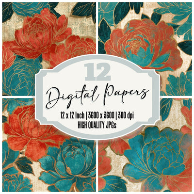 Woodblock Peony Coral Turquoise Seamless Digital Paper Pack (DDD013276)