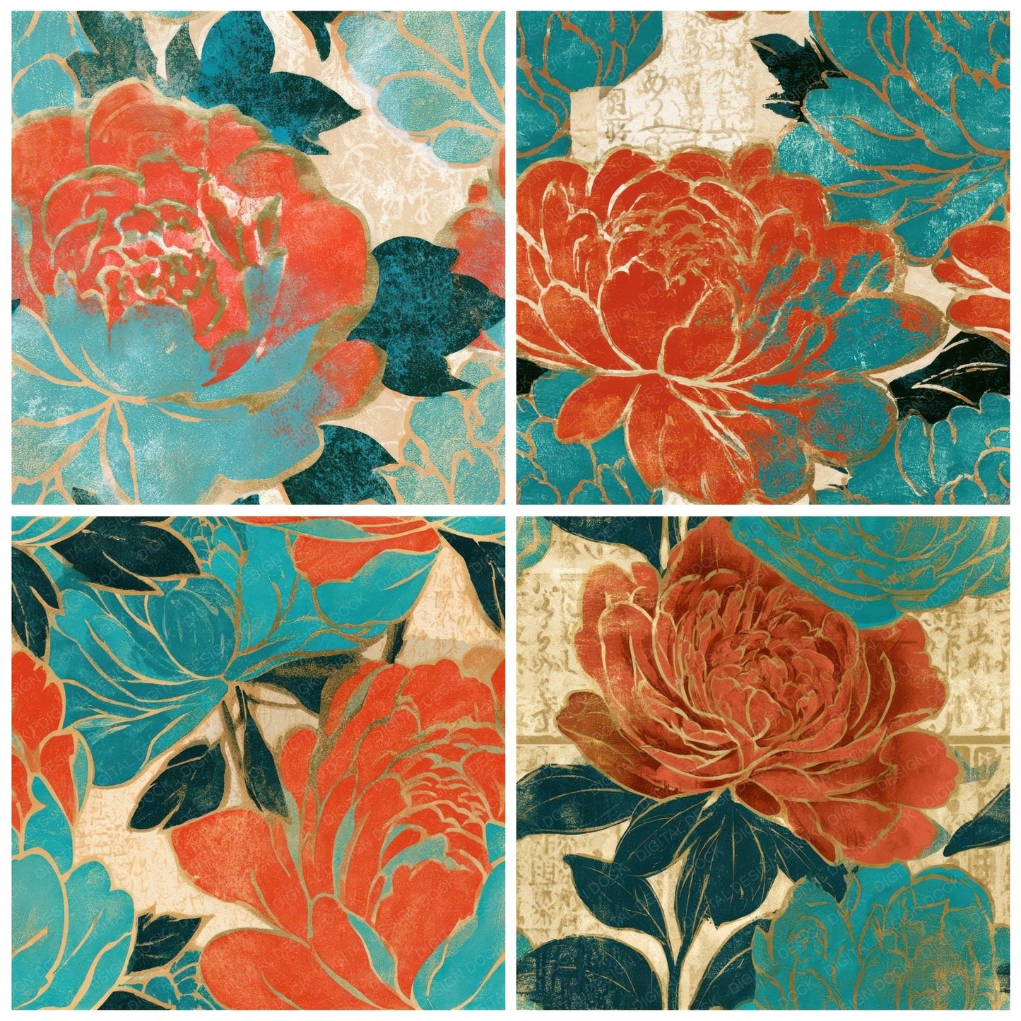 Woodblock Peony Coral Turquoise Seamless Digital Paper Pack (DDD013276)