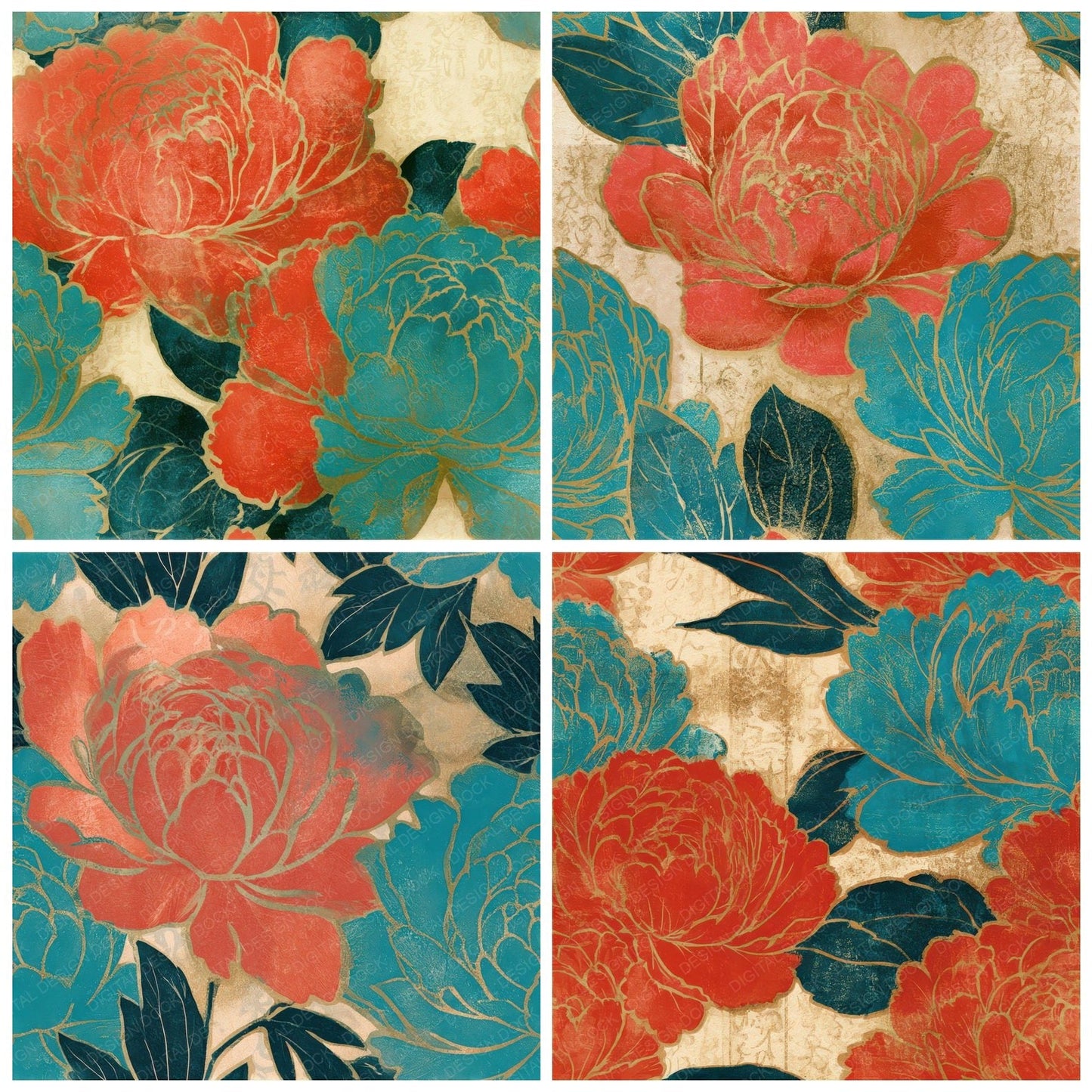 Woodblock Peony Coral Turquoise Seamless Digital Paper Pack (DDD013276)