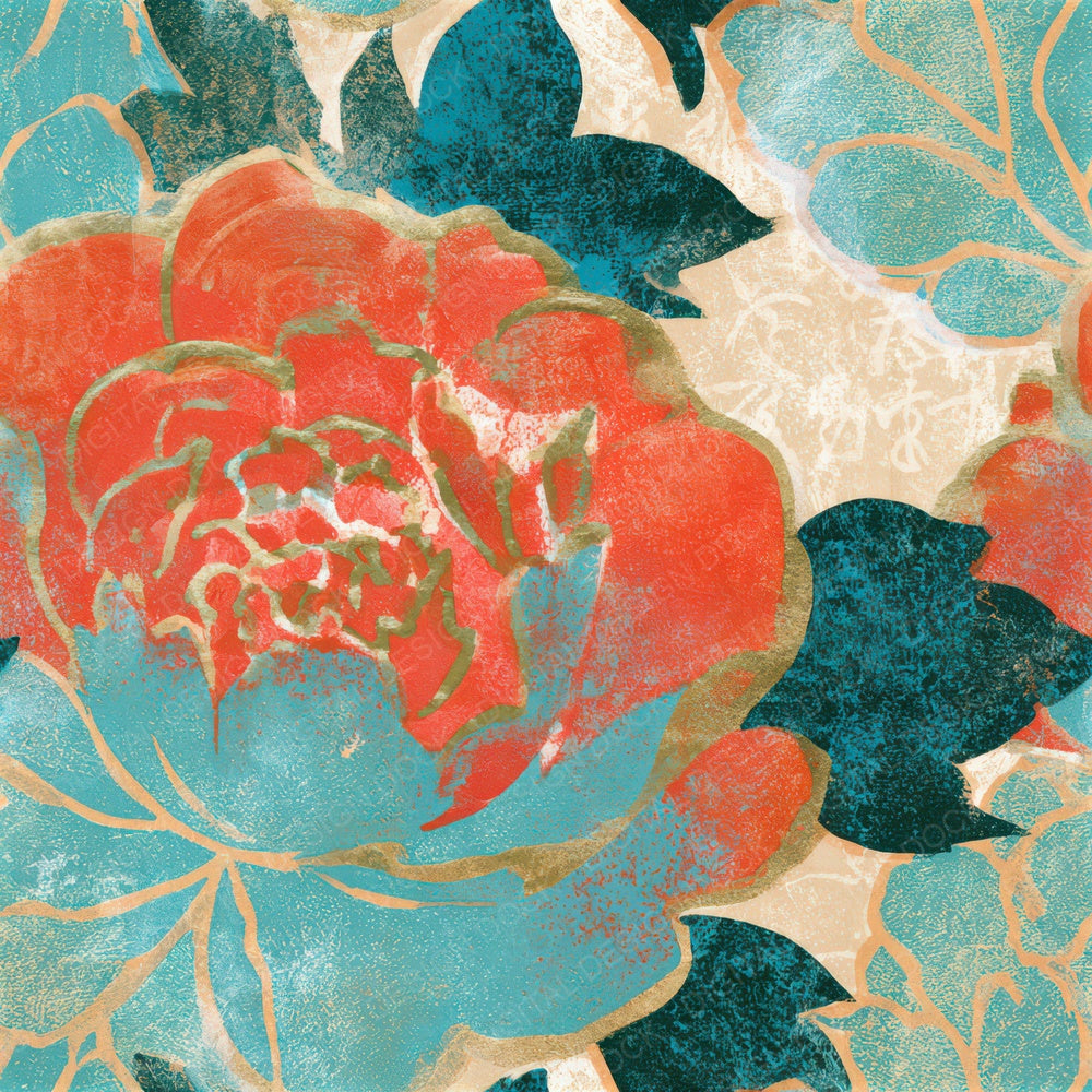 Woodblock Peony Coral Turquoise Seamless Digital Paper Pack (DDD013276)