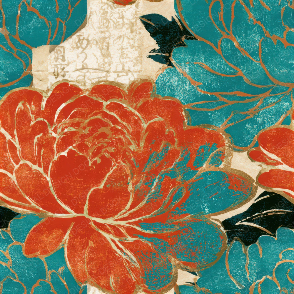 Woodblock Peony Coral Turquoise Seamless Digital Paper Pack (DDD013276)
