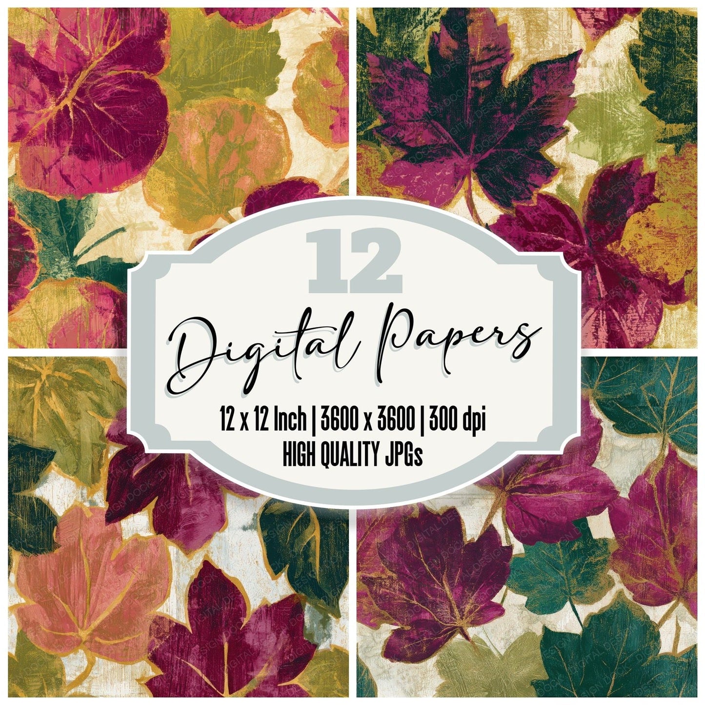 Woodcut Autumn Leaves Fuchsia Lime Seamless Digital Paper Pack (DDD013278)