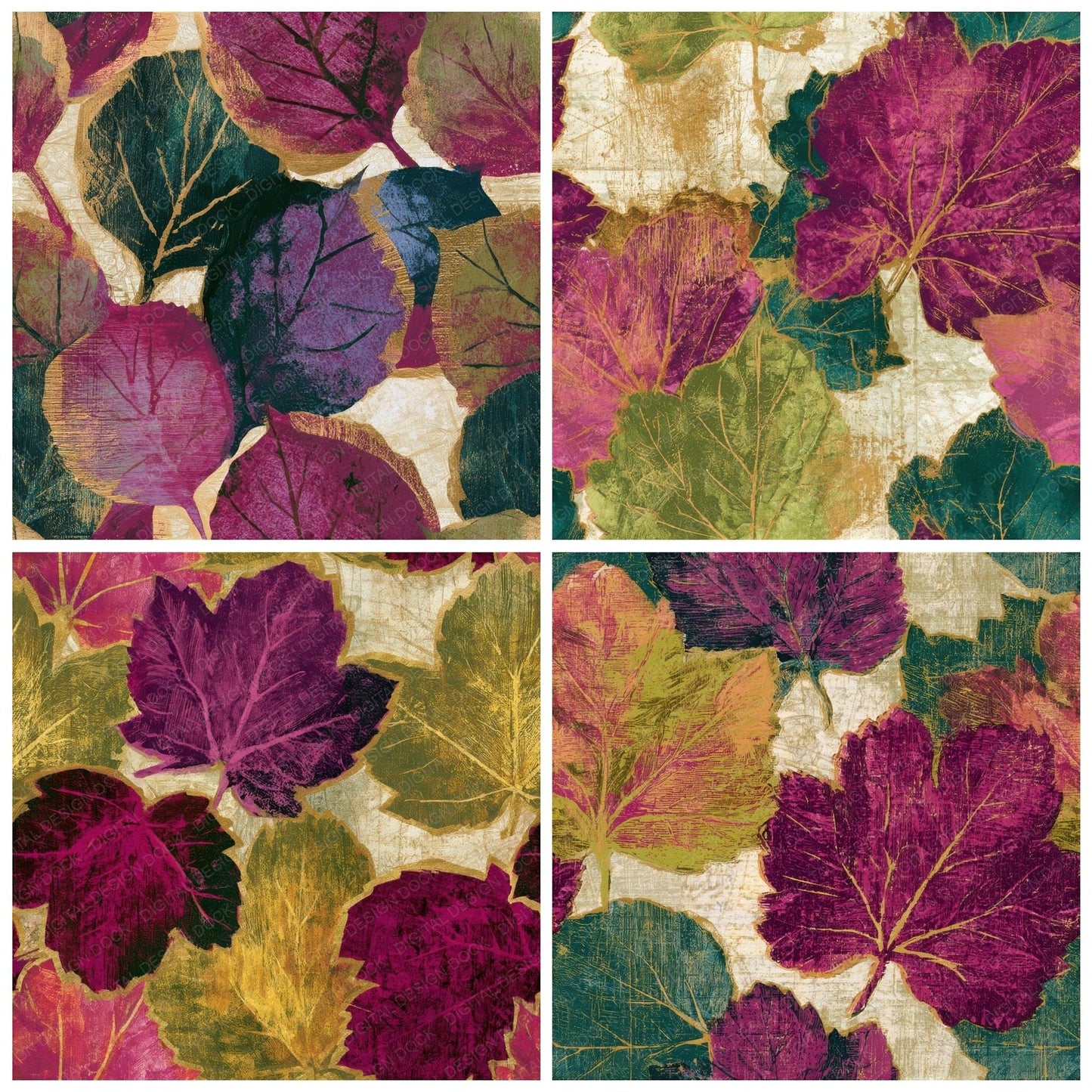 Woodcut Autumn Leaves Fuchsia Lime Seamless Digital Paper Pack (DDD013278)