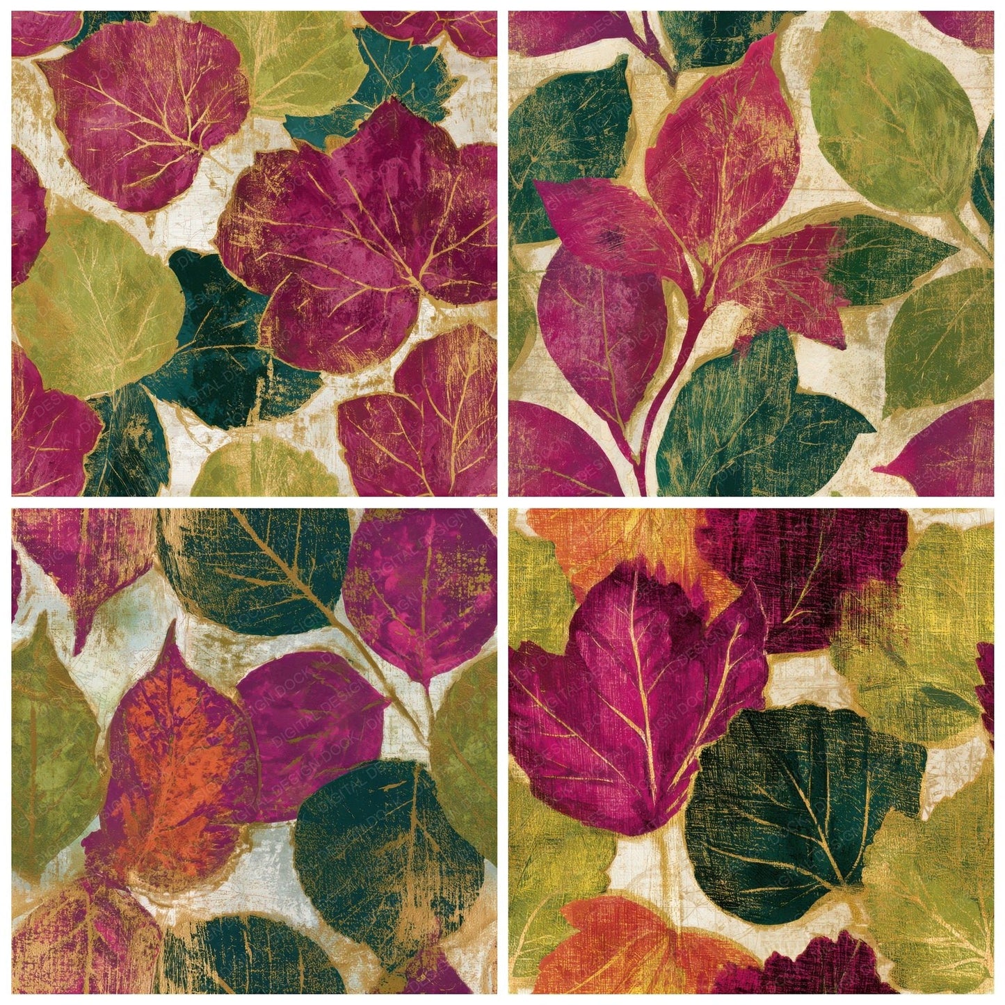 Woodcut Autumn Leaves Fuchsia Lime Seamless Digital Paper Pack (DDD013278)