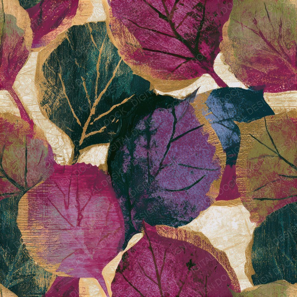Woodcut Autumn Leaves Fuchsia Lime Seamless Digital Paper Pack (DDD013278)