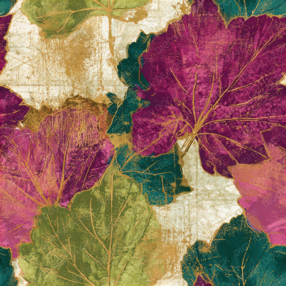 Woodcut Autumn Leaves Fuchsia Lime Seamless Digital Paper Pack (DDD013278)
