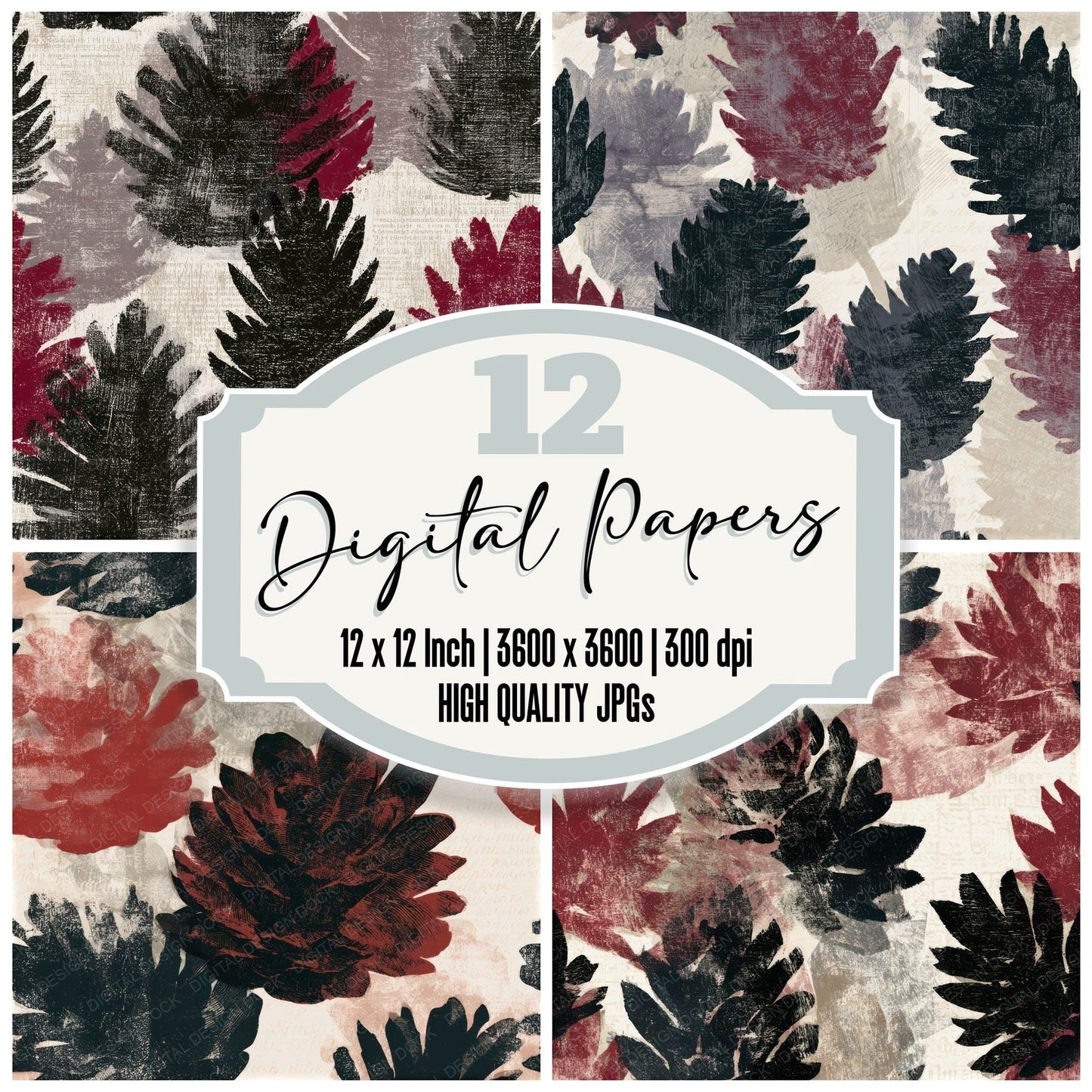 Woodcut Pine Cones Oxblood Seamless Digital Paper Pack (DDD013279)