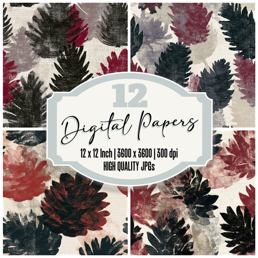 Woodcut Pine Cones Oxblood Seamless Digital Paper Pack (DDD013279)