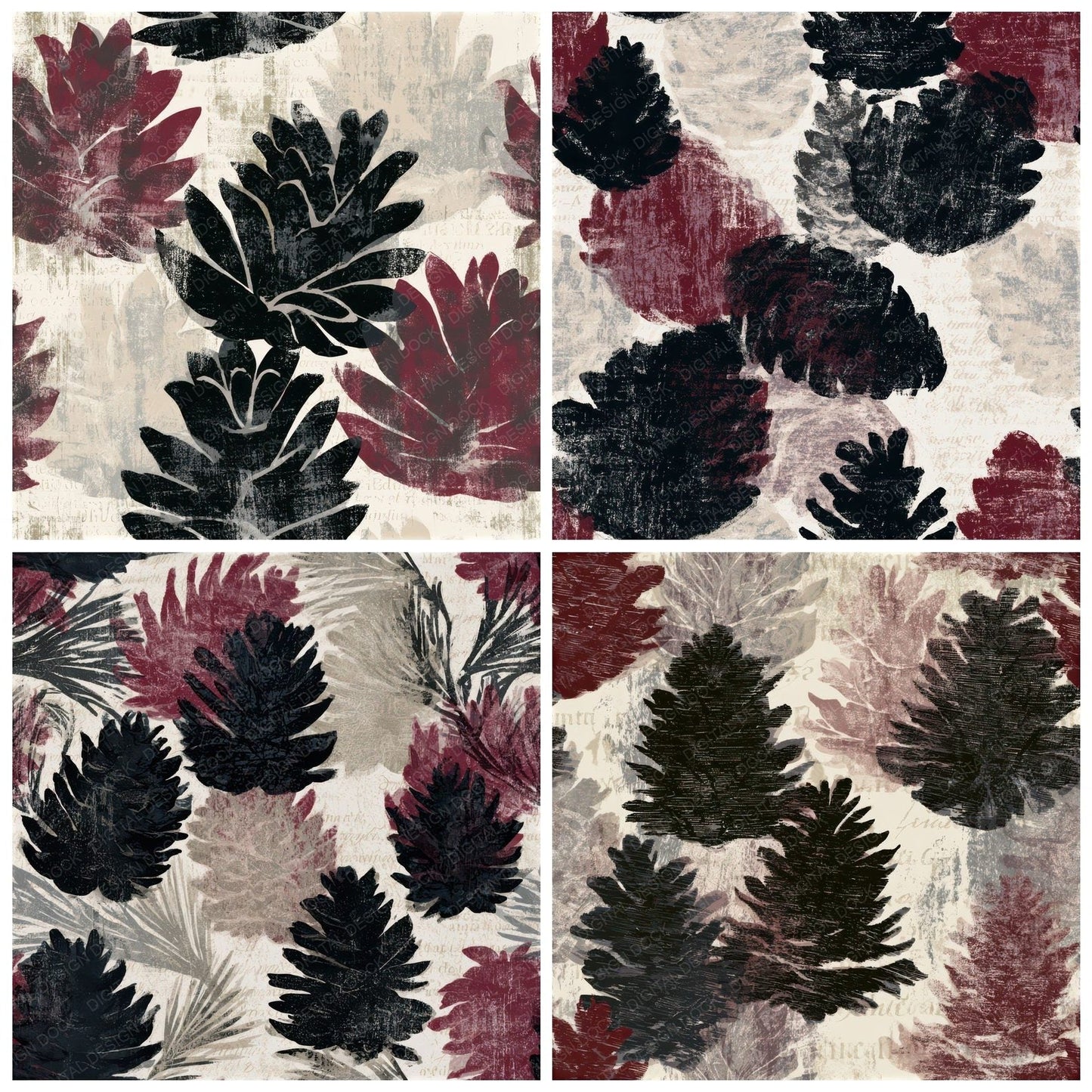 Woodcut Pine Cones Oxblood Seamless Digital Paper Pack (DDD013279)