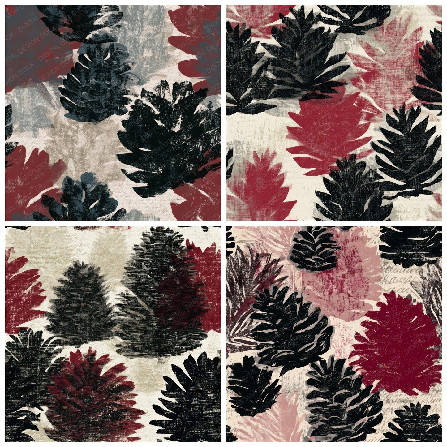 Woodcut Pine Cones Oxblood Seamless Digital Paper Pack (DDD013279)
