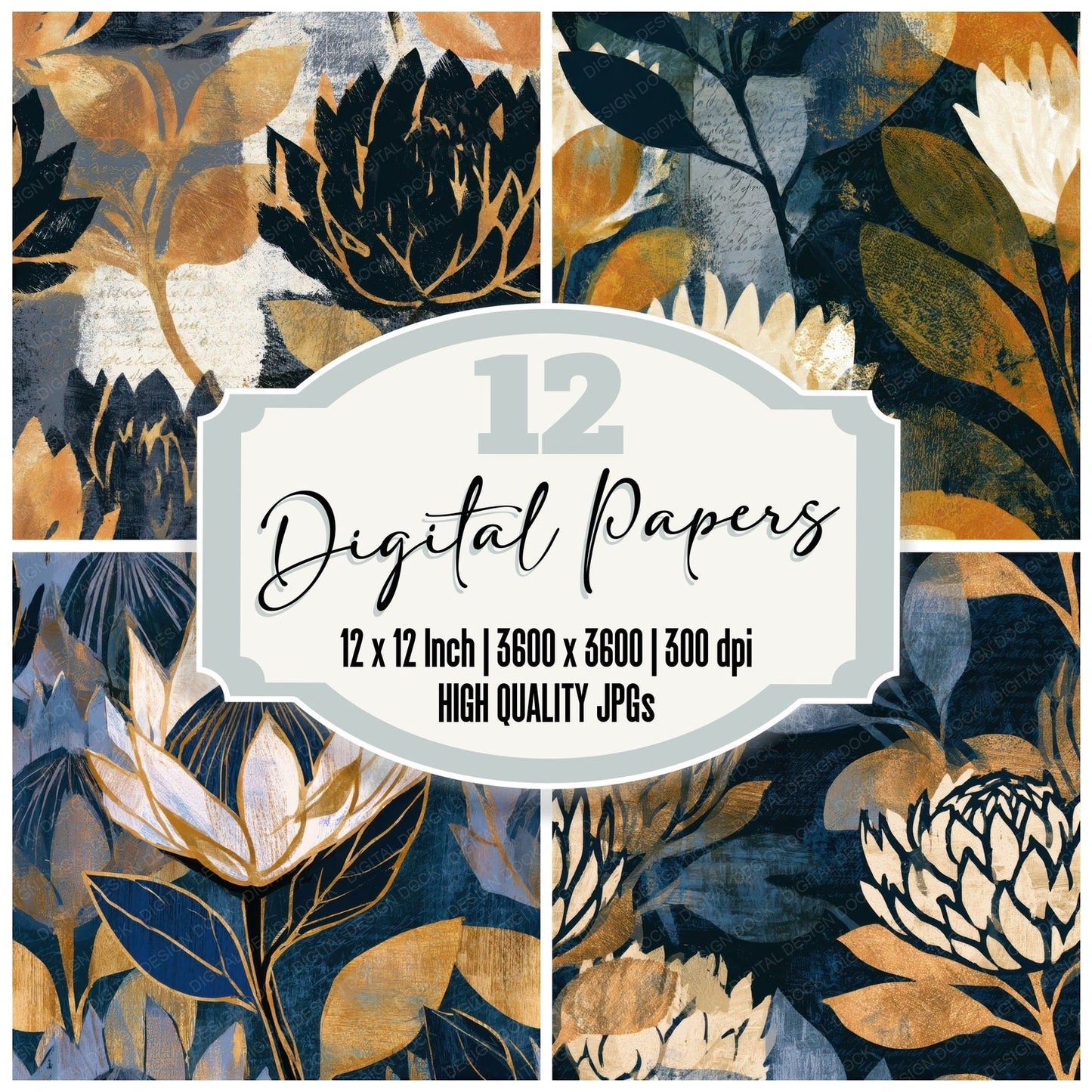 Woodcut Protea Midnight Bone Seamless Digital Paper Pack (DDD013280)
