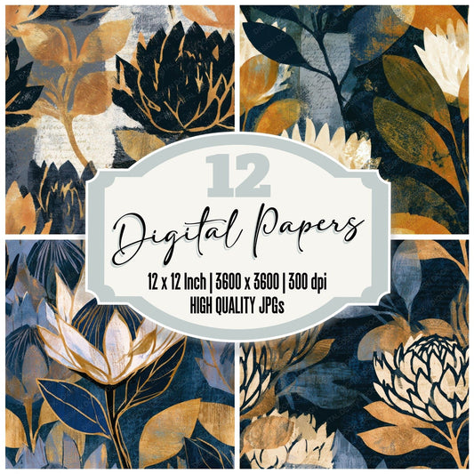 Woodcut Protea Midnight Bone Seamless Digital Paper Pack (DDD013280)