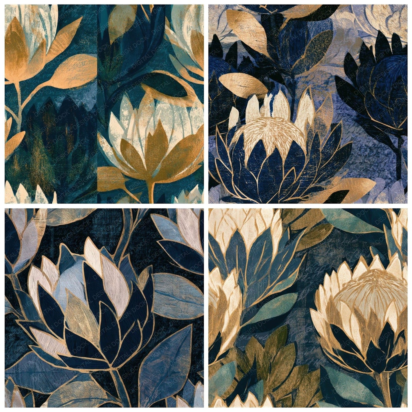 Woodcut Protea Midnight Bone Seamless Digital Paper Pack (DDD013280)