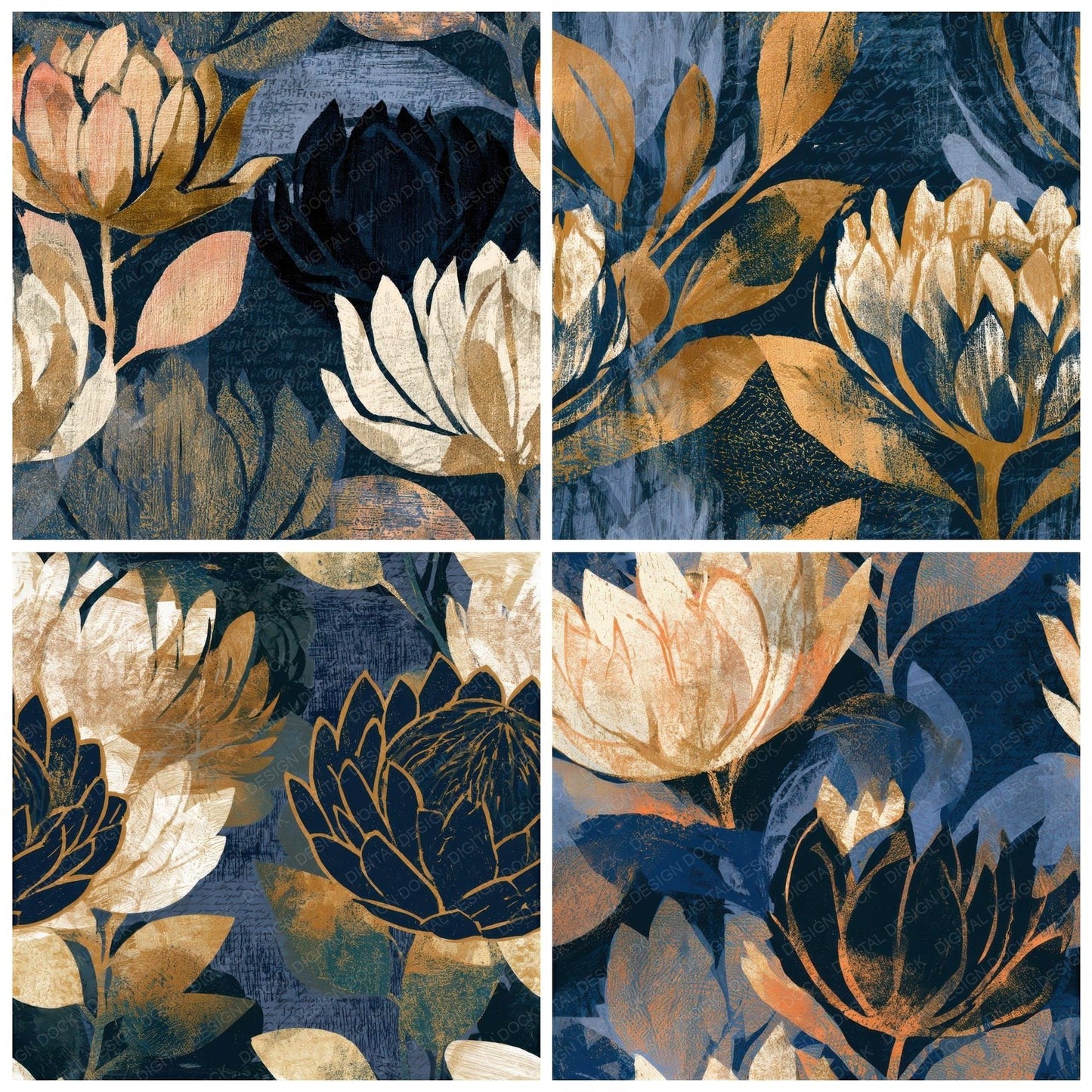 Woodcut Protea Midnight Bone Seamless Digital Paper Pack (DDD013280)