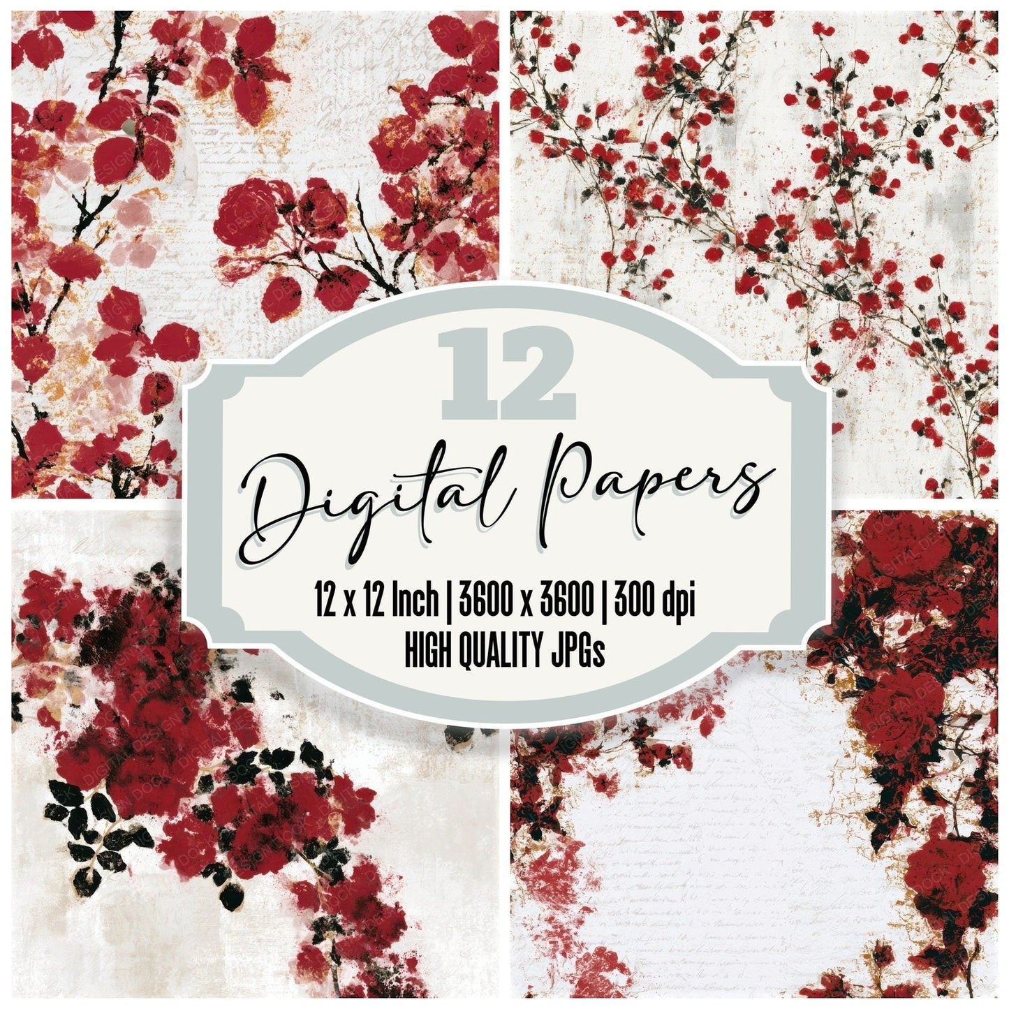 Minimal Climbing Roses Crimson White Seamless Digital Paper Pack (DDD013285)