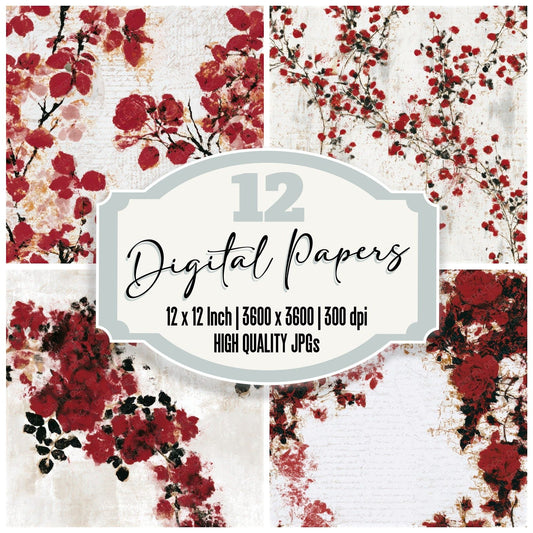 Minimal Climbing Roses Crimson White Seamless Digital Paper Pack (DDD013285)