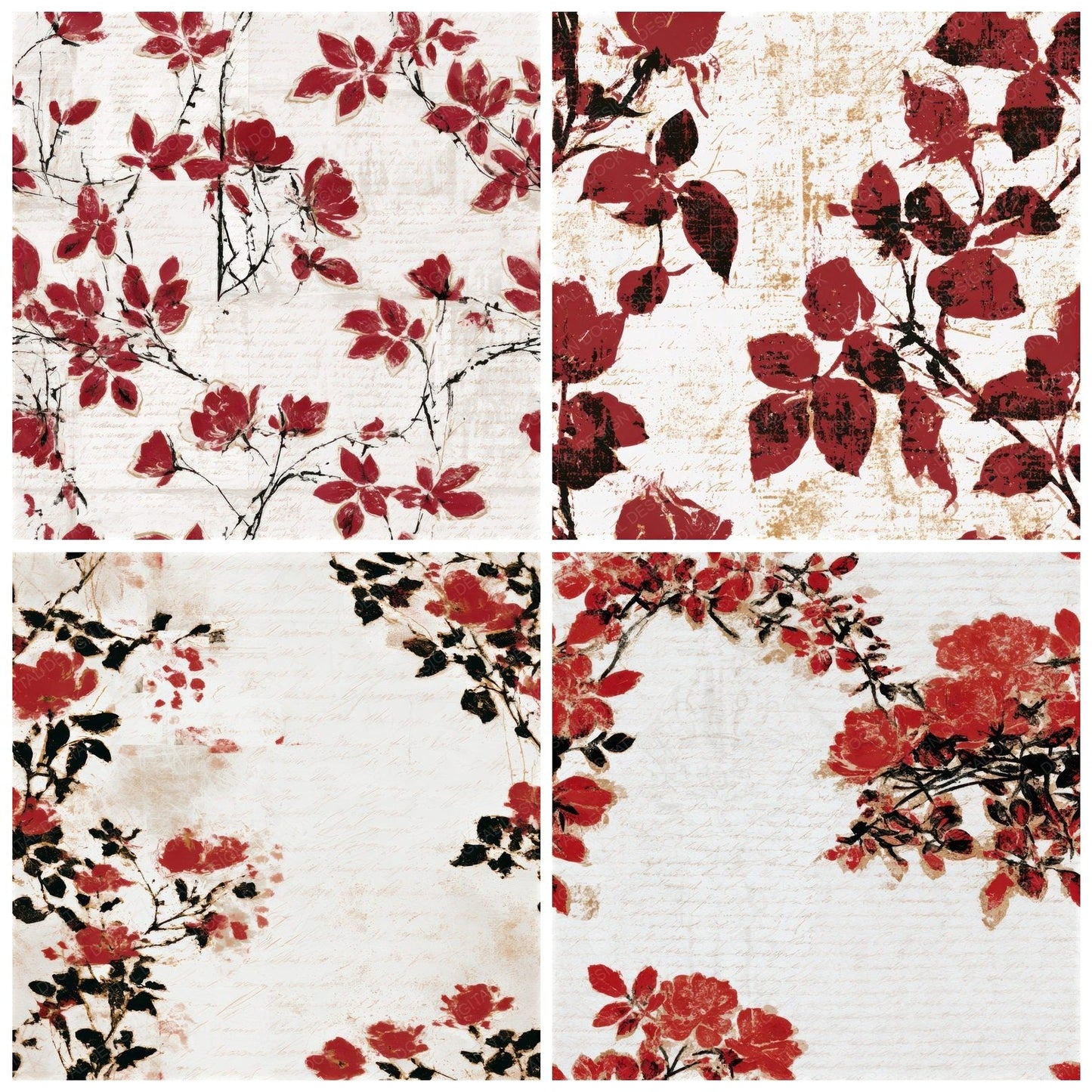 Minimal Climbing Roses Crimson White Seamless Digital Paper Pack (DDD013285)