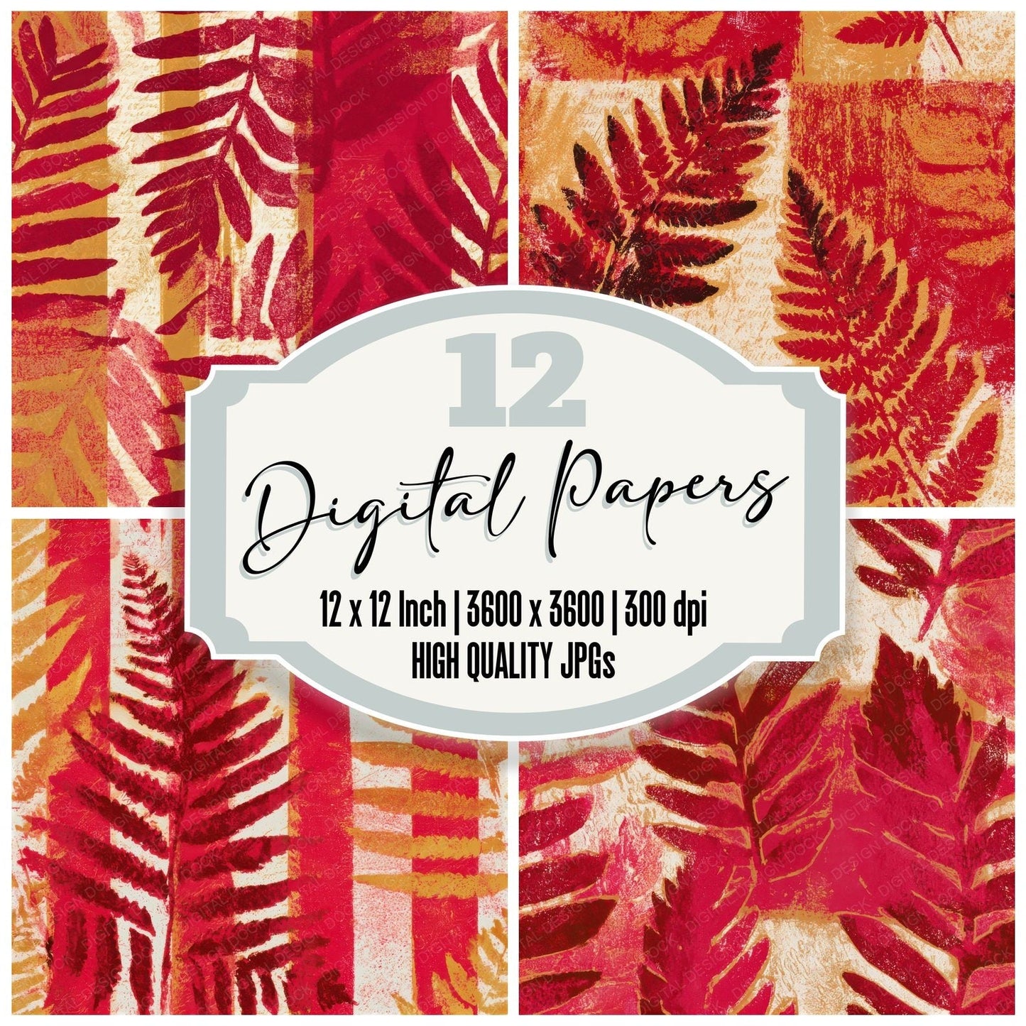 Monoprint Fern Candy Red Cream Seamless Digital Paper Pack (DDD013287)
