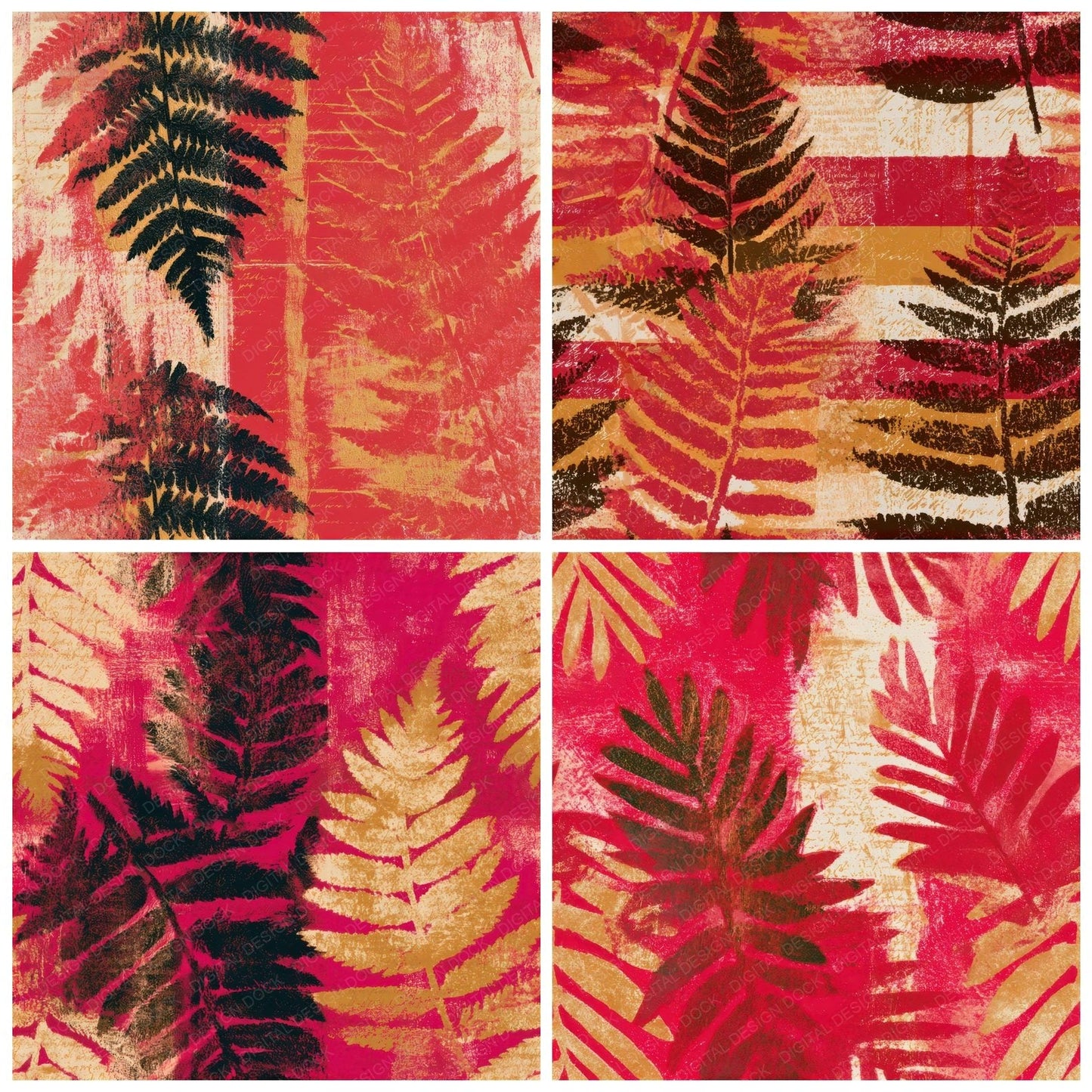 Monoprint Fern Candy Red Cream Seamless Digital Paper Pack (DDD013287)