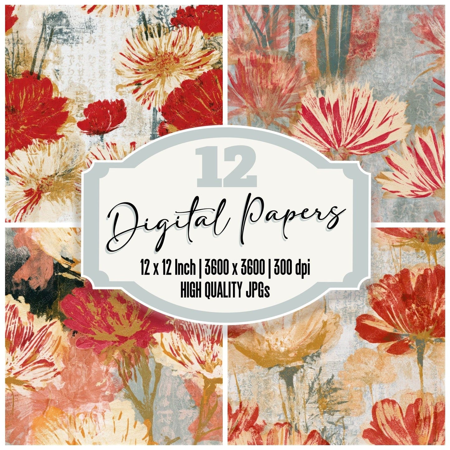 Monoprint Meadow Flowers Candy Red Seamless Digital Paper Pack (DDD013288)