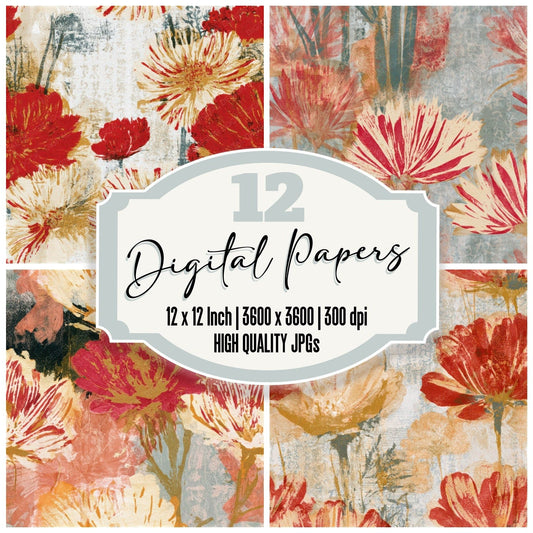Monoprint Meadow Flowers Candy Red Seamless Digital Paper Pack (DDD013288)
