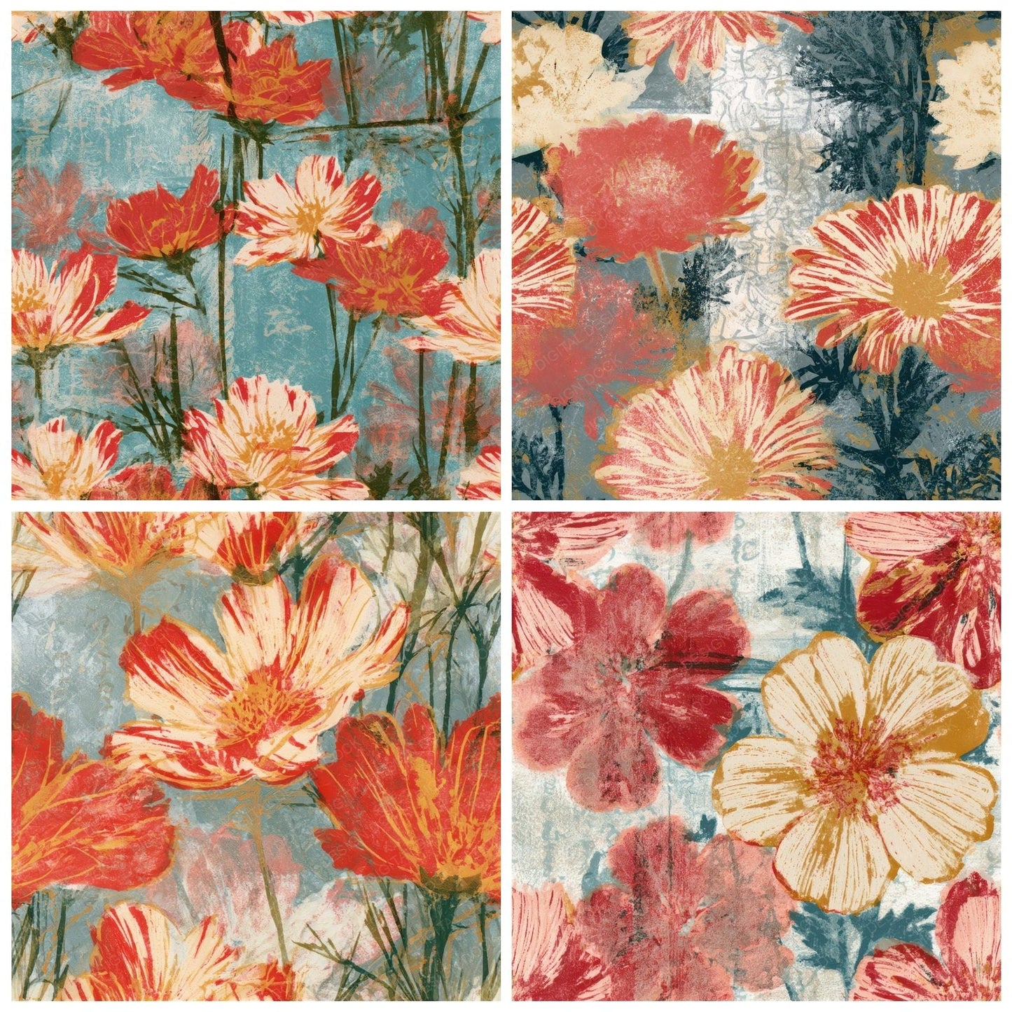 Monoprint Meadow Flowers Candy Red Seamless Digital Paper Pack (DDD013288)
