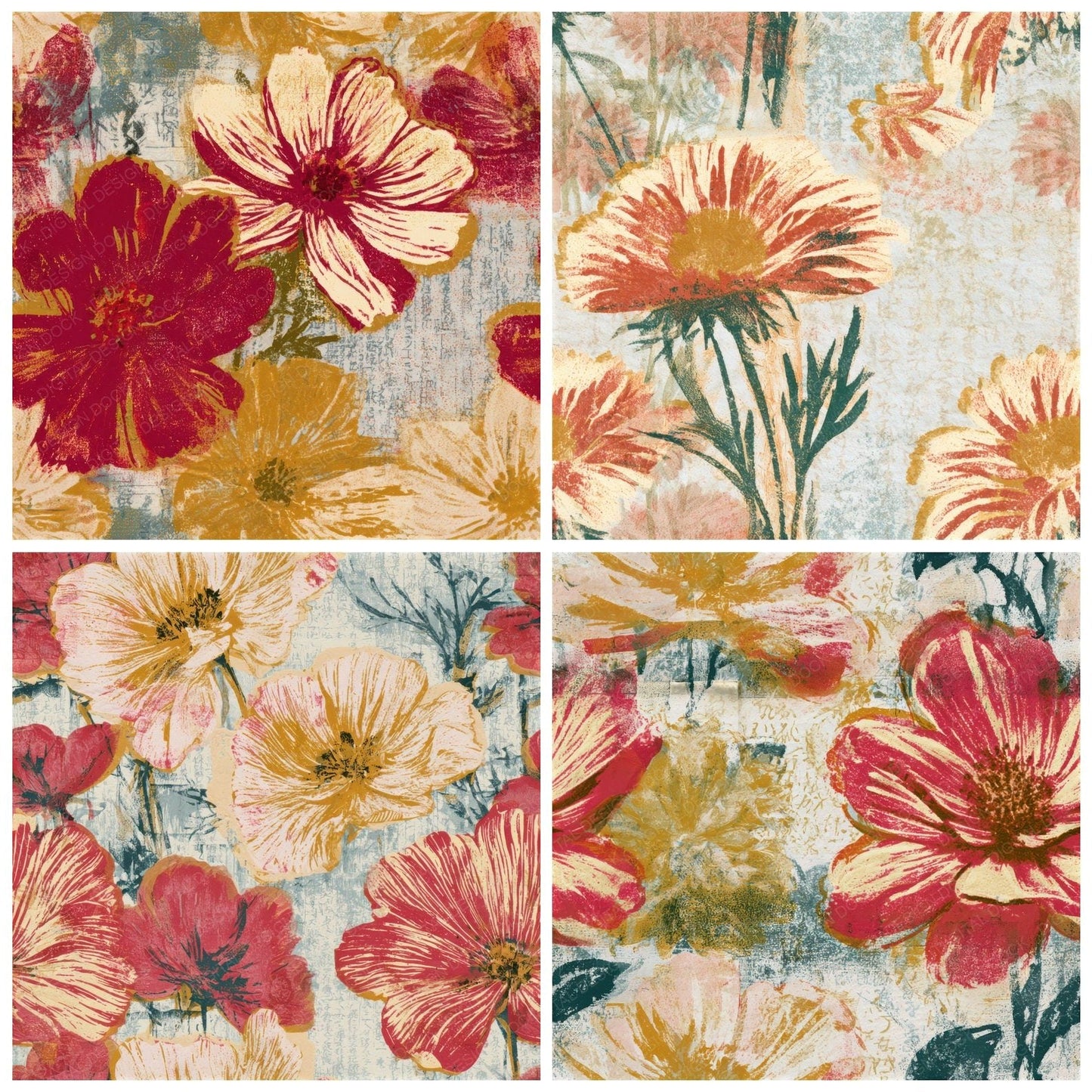Monoprint Meadow Flowers Candy Red Seamless Digital Paper Pack (DDD013288)