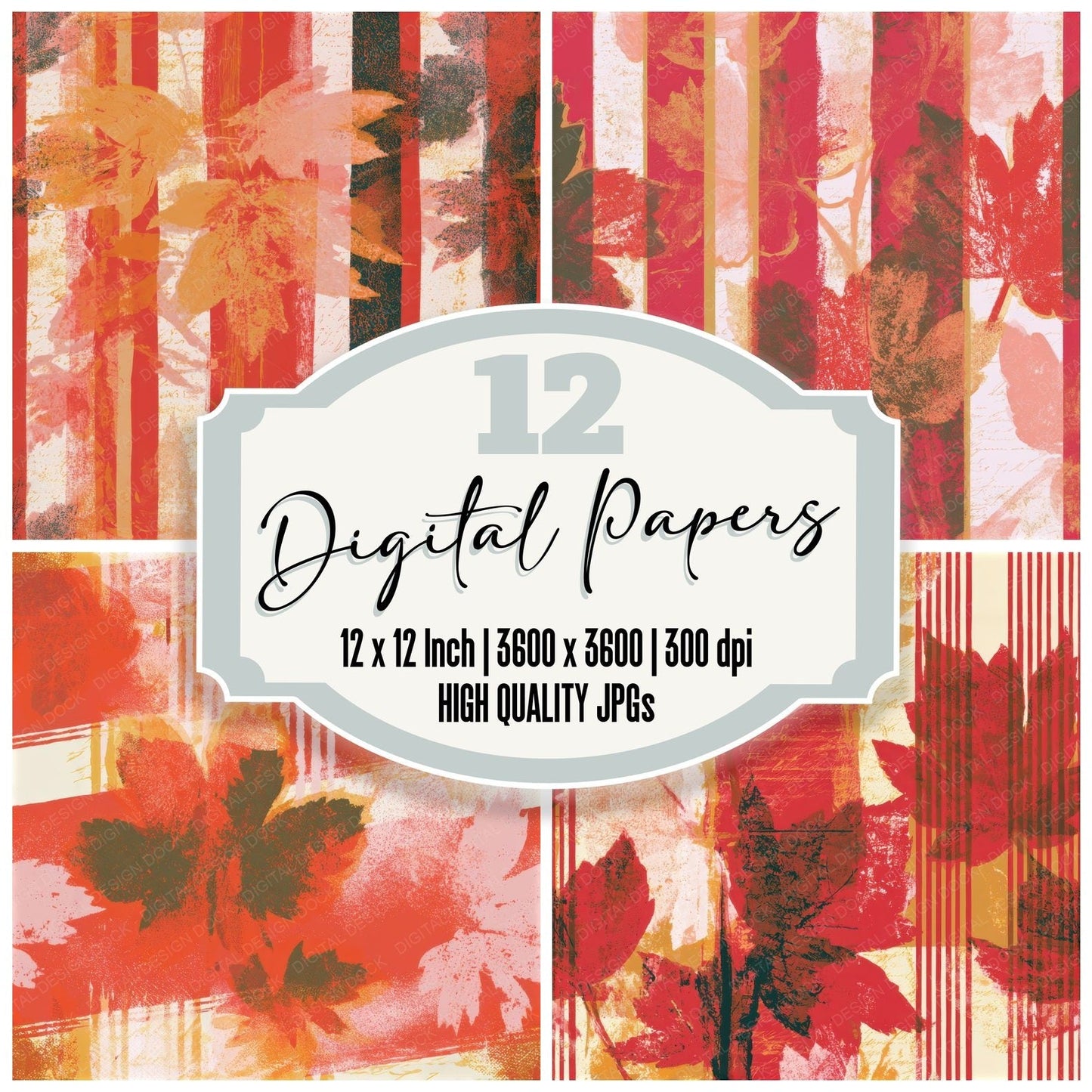 Screenprint Autumn Leaves Candy Red Seamless Digital Paper Pack (DDD013289)