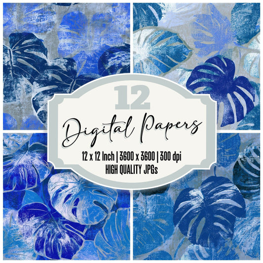 Screenprint Monstera Electric Blue Seamless Digital Paper Pack (DDD013291)