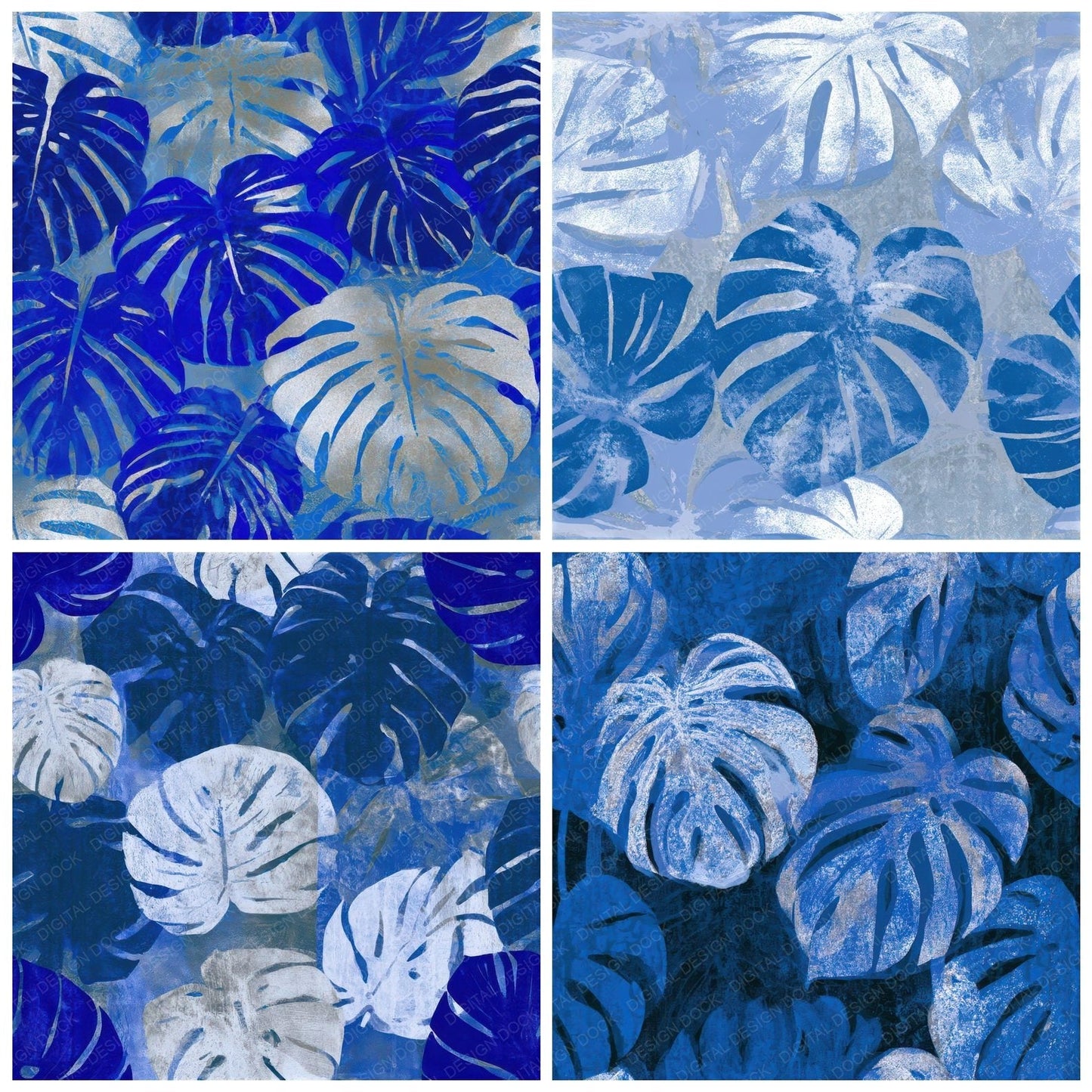 Screenprint Monstera Electric Blue Seamless Digital Paper Pack (DDD013291)