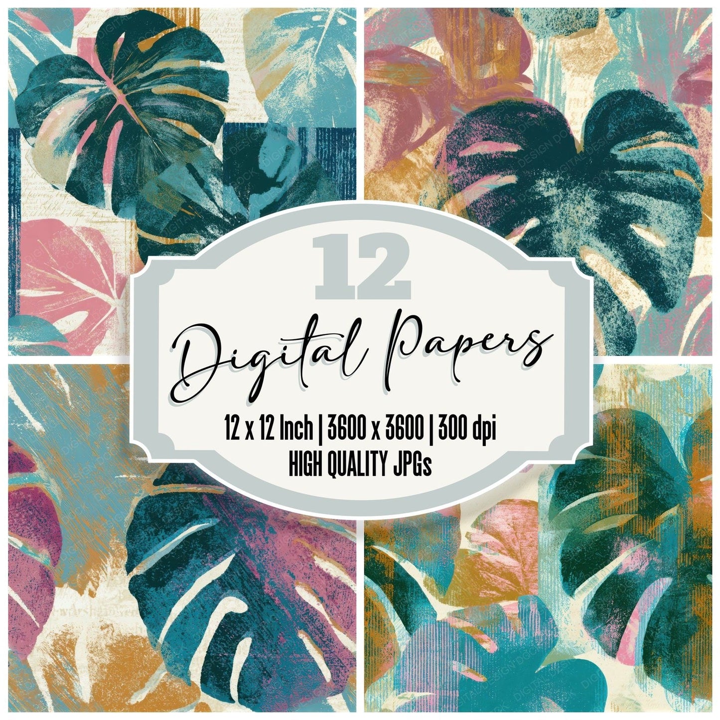 Screenprint Monstera Turquoise Pink Seamless Digital Paper Pack (DDD013292)