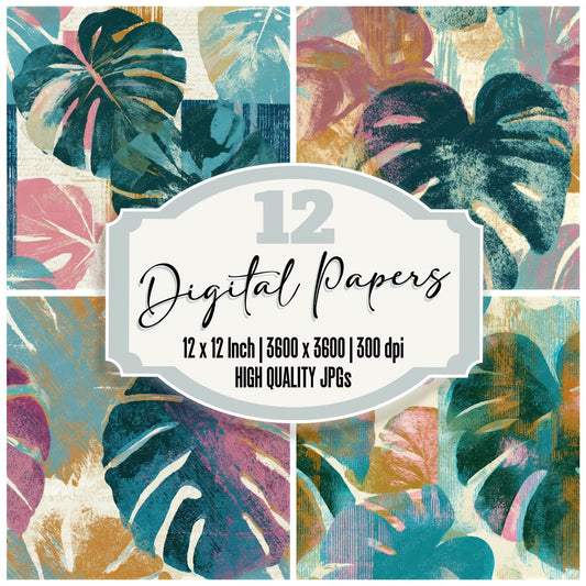 Screenprint Monstera Turquoise Pink Seamless Digital Paper Pack (DDD013292)