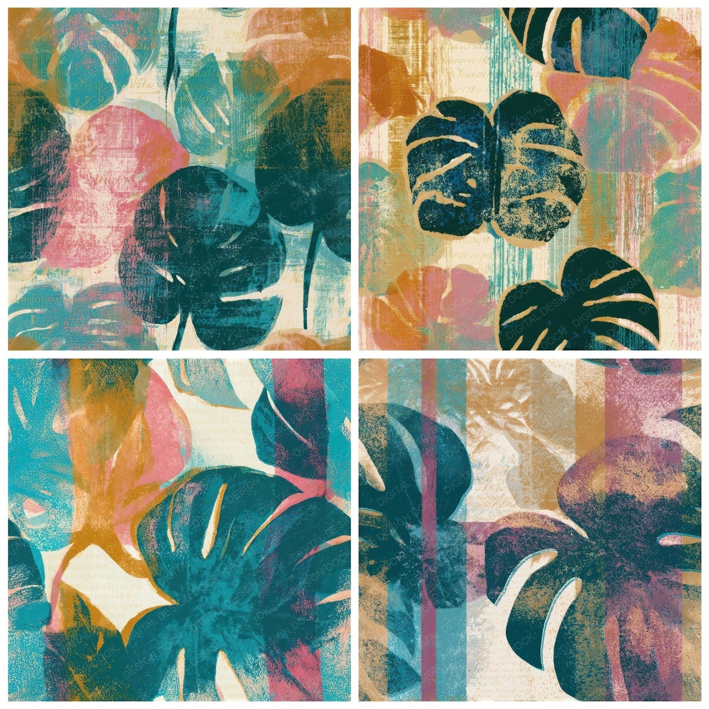 Screenprint Monstera Turquoise Pink Seamless Digital Paper Pack (DDD013292)