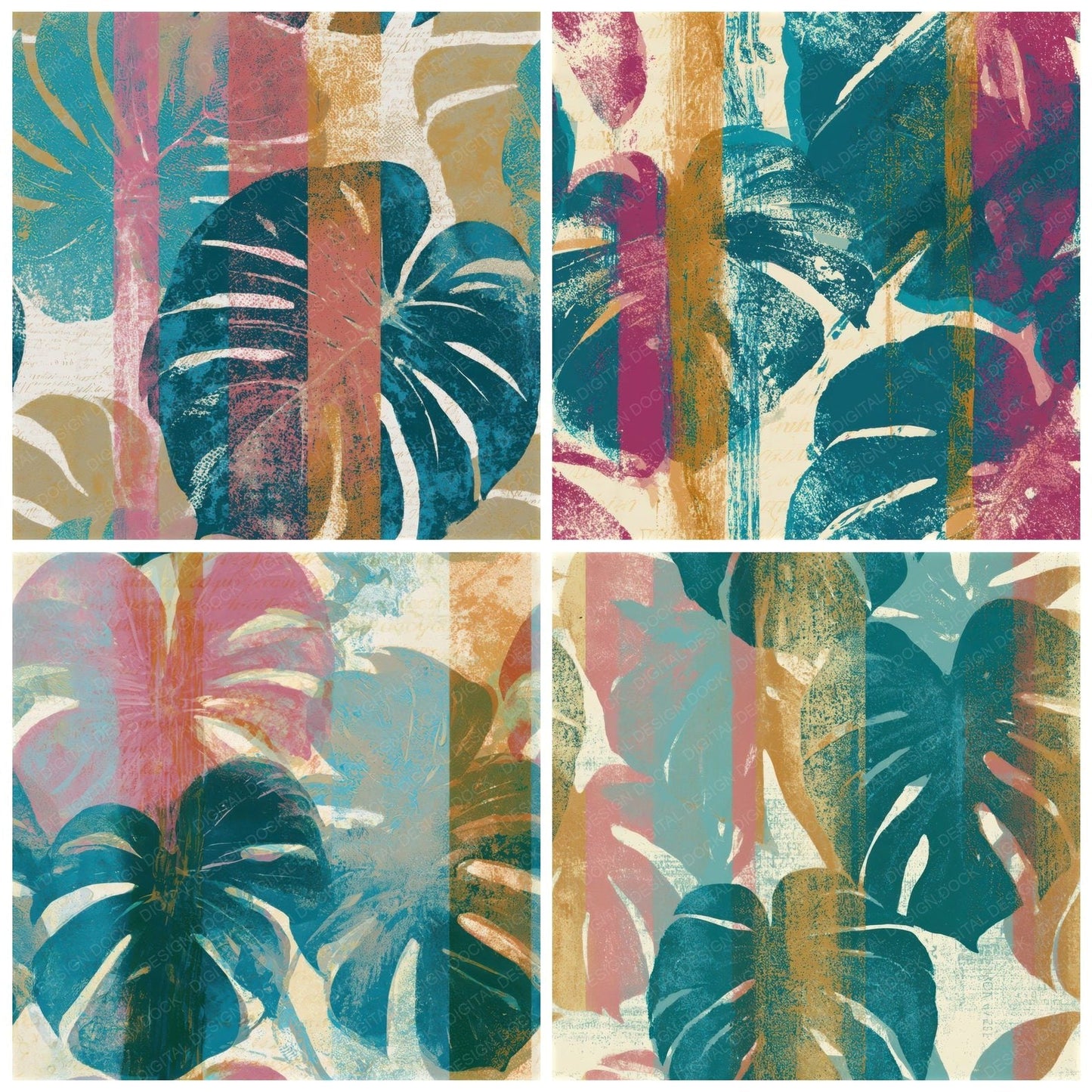 Screenprint Monstera Turquoise Pink Seamless Digital Paper Pack (DDD013292)