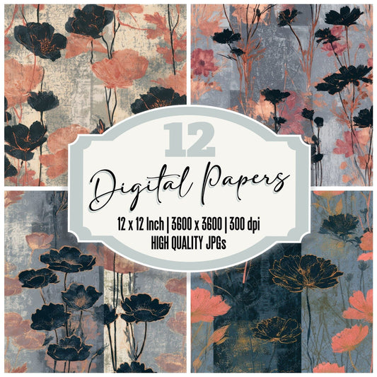 Screenprint Wildflowers Jet Rose Seamless Digital Paper Pack (DDD013293)