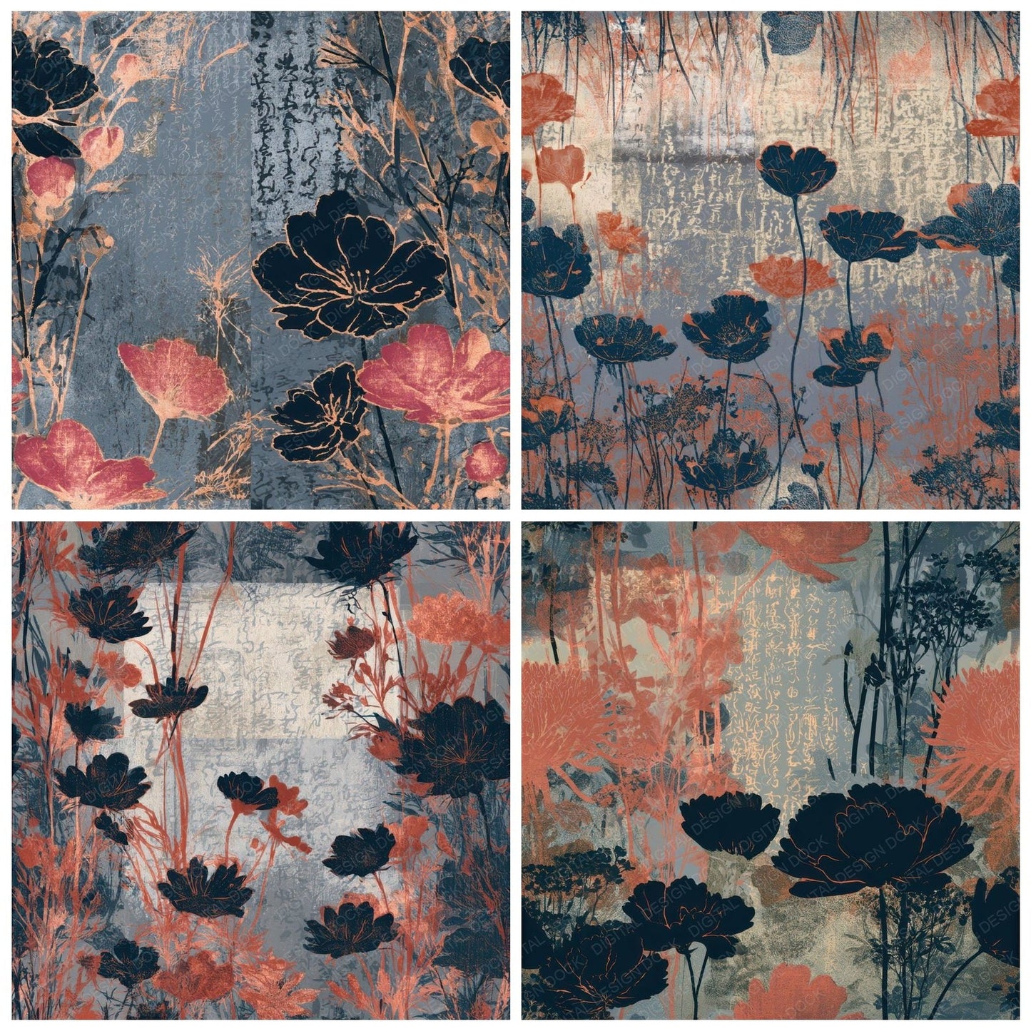 Screenprint Wildflowers Jet Rose Seamless Digital Paper Pack (DDD013293)