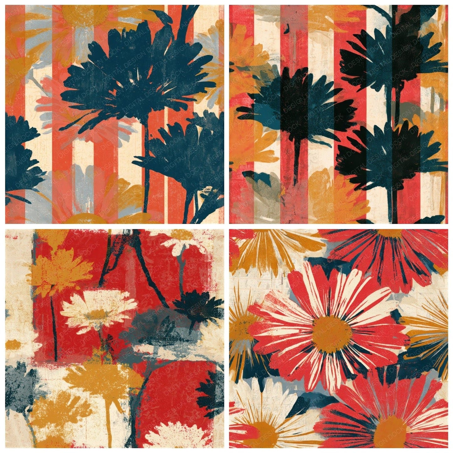 Woodblock Daisy Candy Red Cream Seamless Digital Paper Pack (DDD013294)