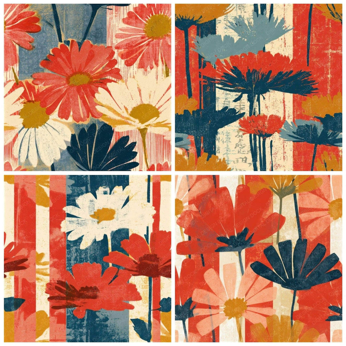 Woodblock Daisy Candy Red Cream Seamless Digital Paper Pack (DDD013294)