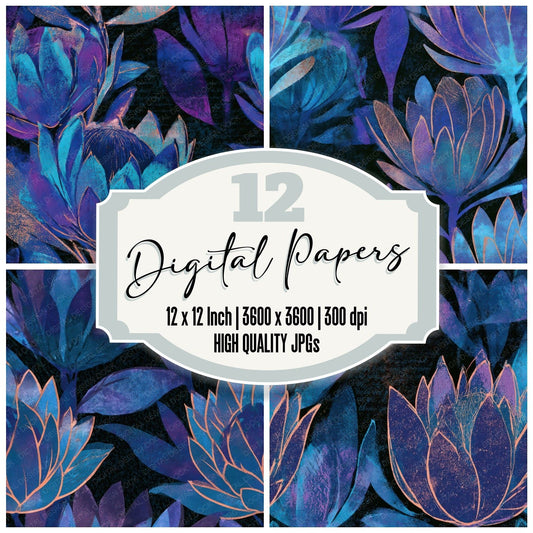 Woodblock Protea Cyan Violet Seamless Digital Paper Pack (DDD013295)