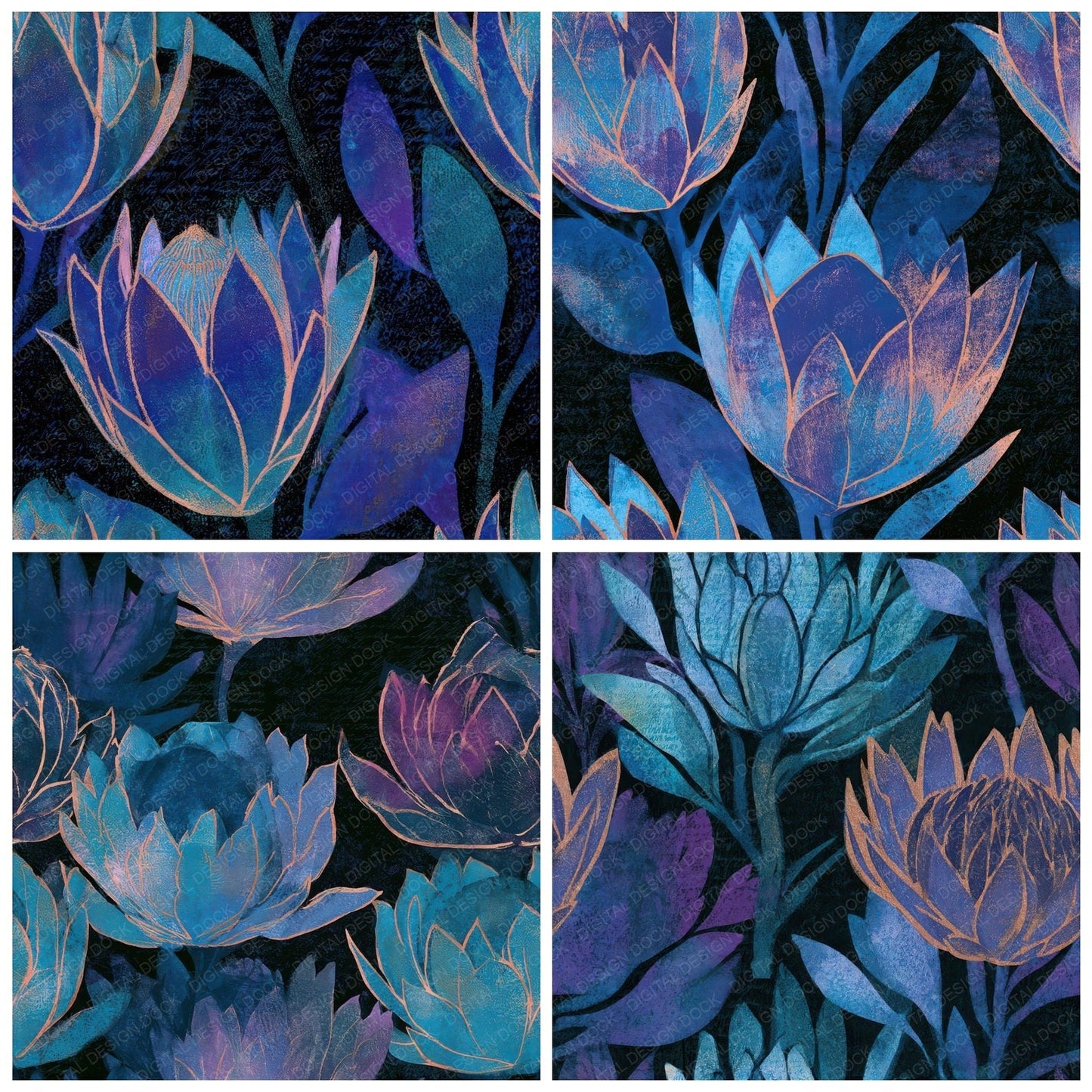 Woodblock Protea Cyan Violet Seamless Digital Paper Pack (DDD013295)