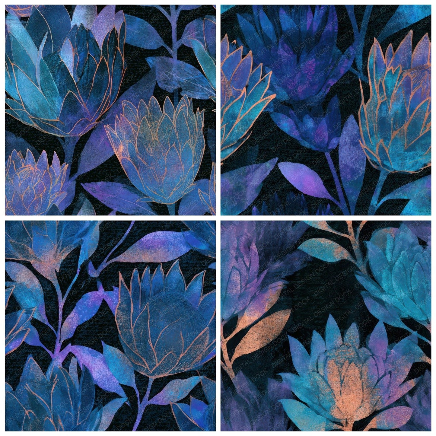 Woodblock Protea Cyan Violet Seamless Digital Paper Pack (DDD013295)