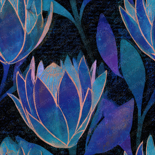 Woodblock Protea Cyan Violet Seamless Digital Paper Pack (DDD013295)