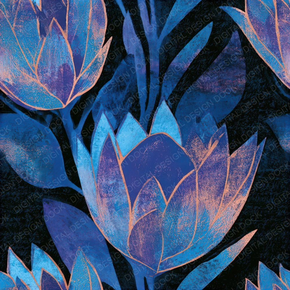 Woodblock Protea Cyan Violet Seamless Digital Paper Pack (DDD013295)