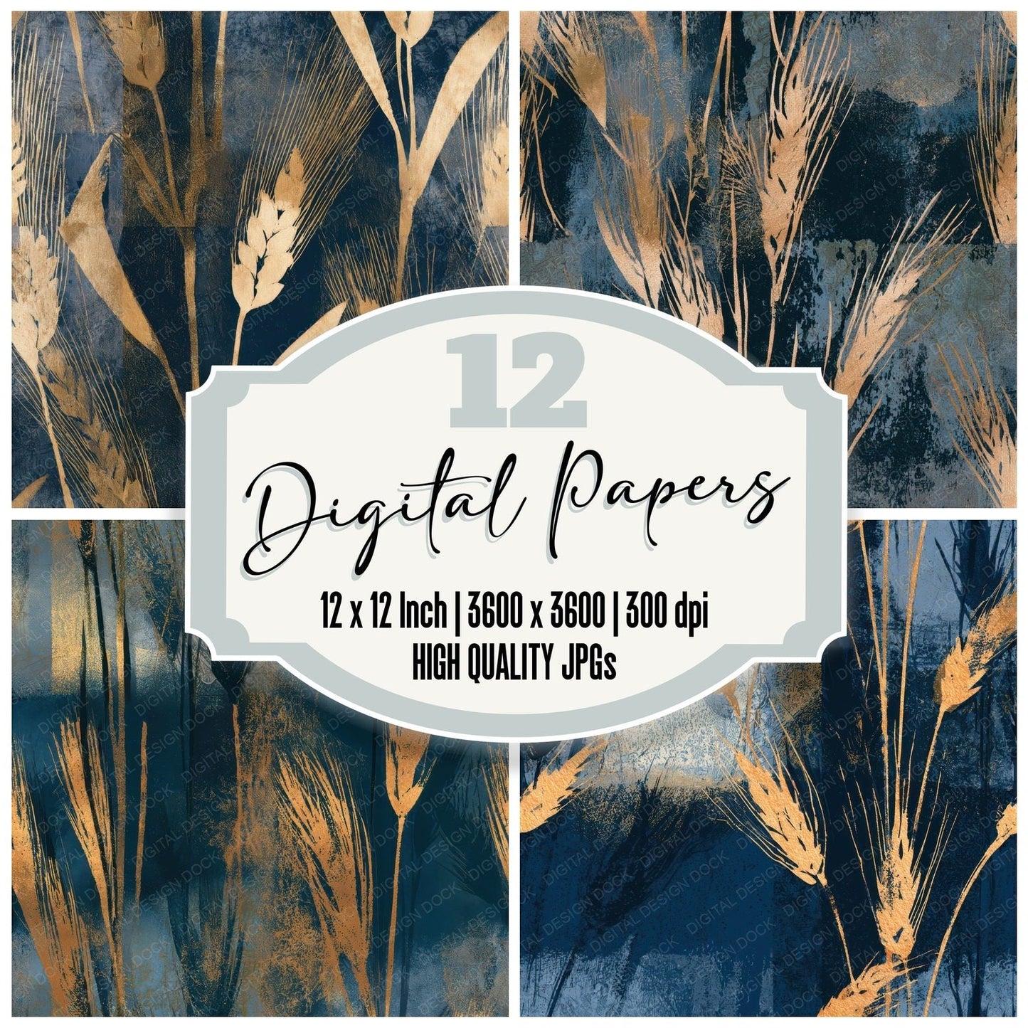 Woodblock Wheat Midnight Bone Seamless Digital Paper Pack (DDD013296)