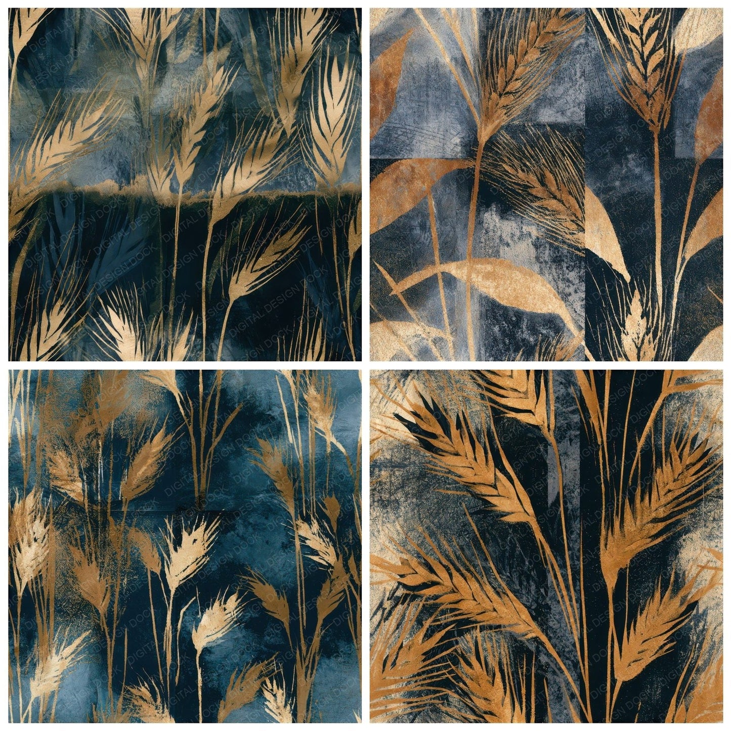 Woodblock Wheat Midnight Bone Seamless Digital Paper Pack (DDD013296)