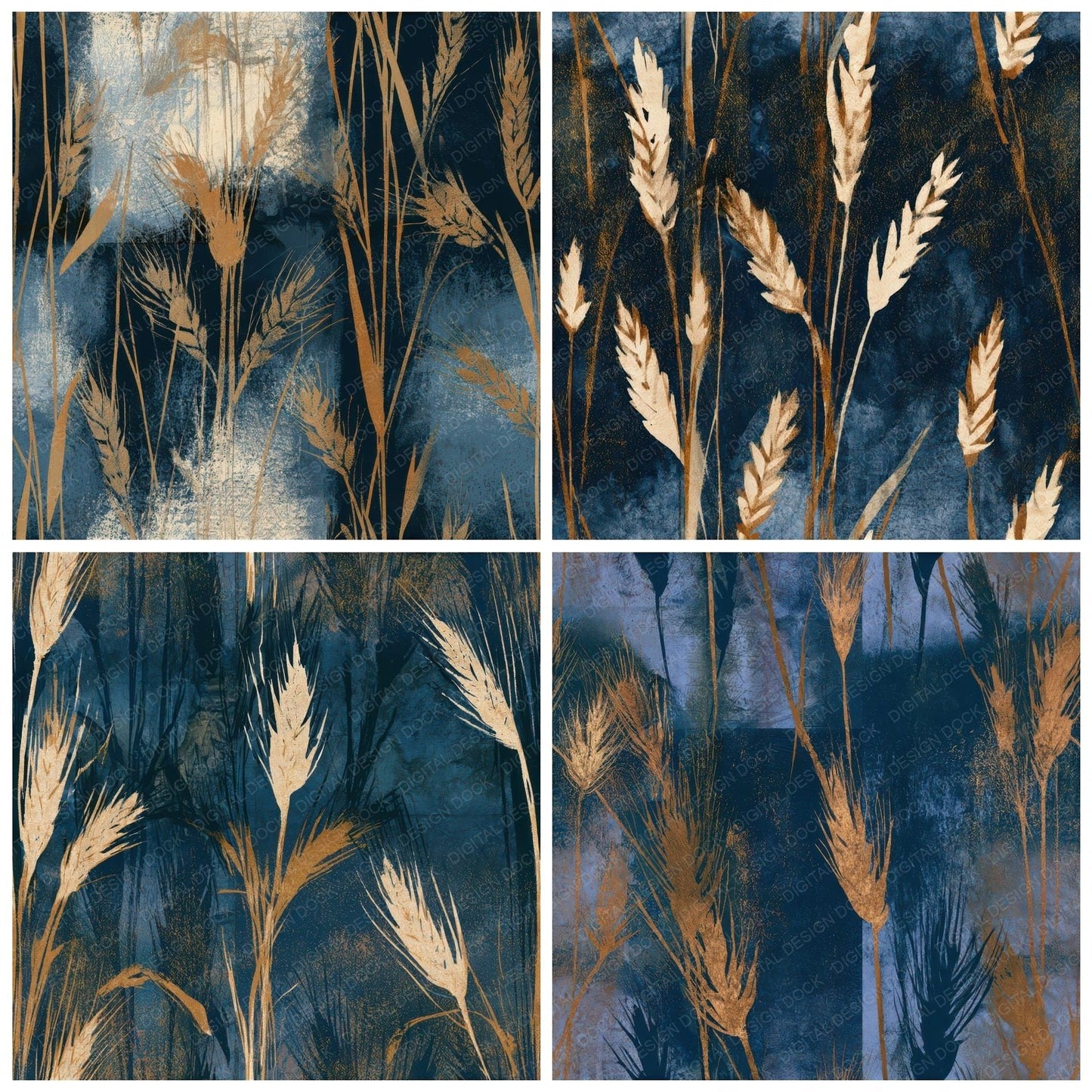 Woodblock Wheat Midnight Bone Seamless Digital Paper Pack (DDD013296)